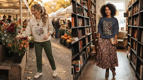 Two outfits with Vintage Rose Design Co. sweatshirts: a fall market and a bookstore